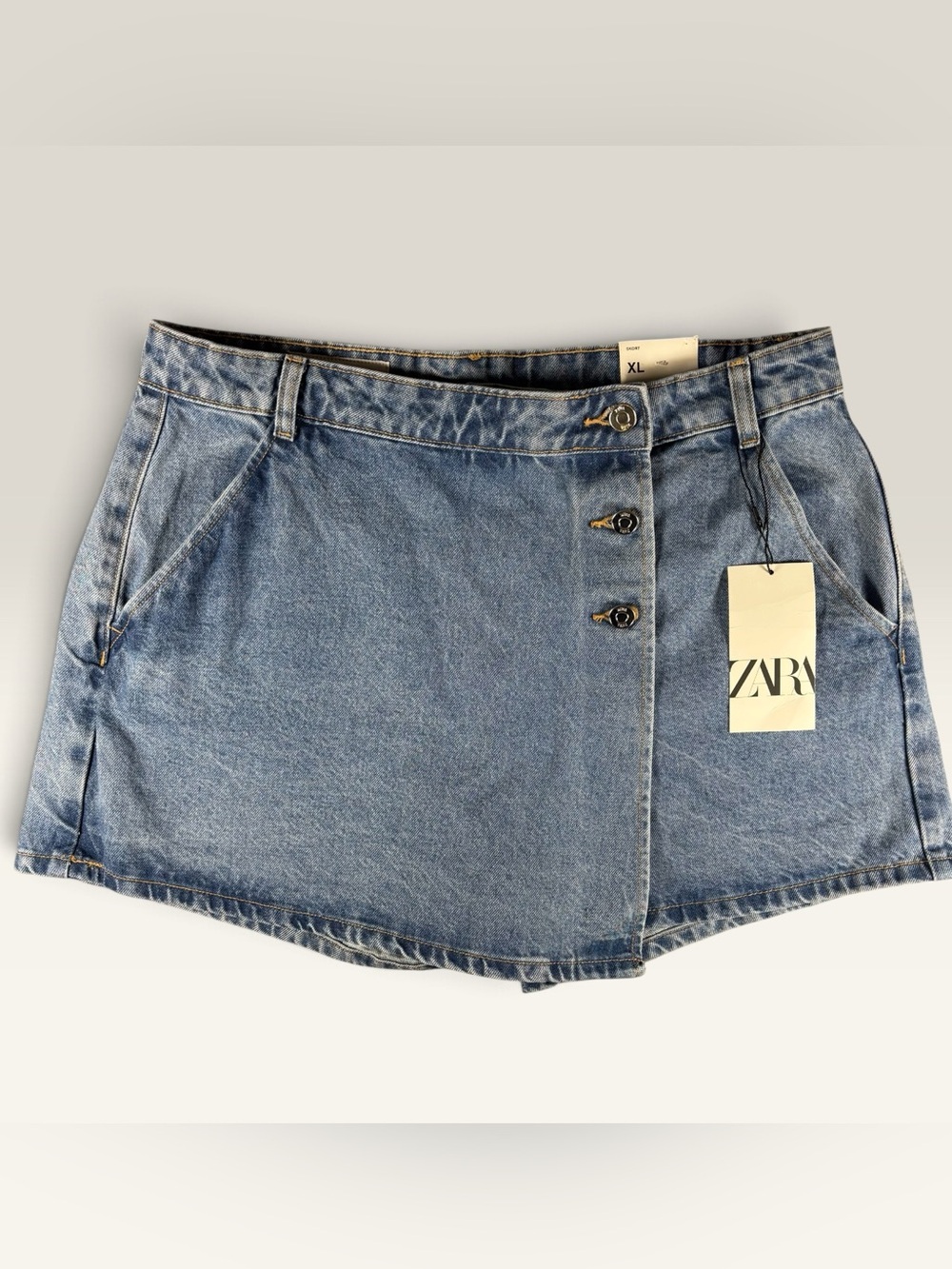 NWT Zara Denim Wrap Skort XL Mid-Blue Button Front Mini Skirt / Skort